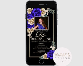 Royal Blue and Gold Flowers Electronic Memorial Announcement Invitation Template, Digital Invite, Smartphone Funeral Evite 0078