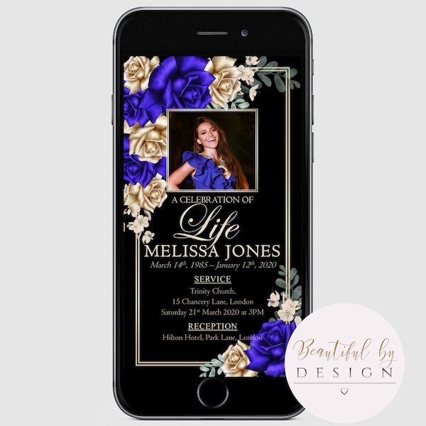 Royal Blue and Gold Flowers Electronic Memorial Announcement Invitation Template, Digital Invite, Smartphone Funeral Evite 0078