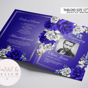 BI-FOLD Blue and Silver Roses Funeral Program Template, Celebration of Life, Obituary Template, Memorial Program, Editable Template 0095
