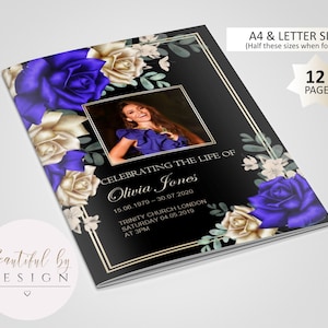 12 Page Royal Blue and Gold Flowers Funeral Program Template, Celebration of Life, Obituary, Memorial Program, Editable Template 0078