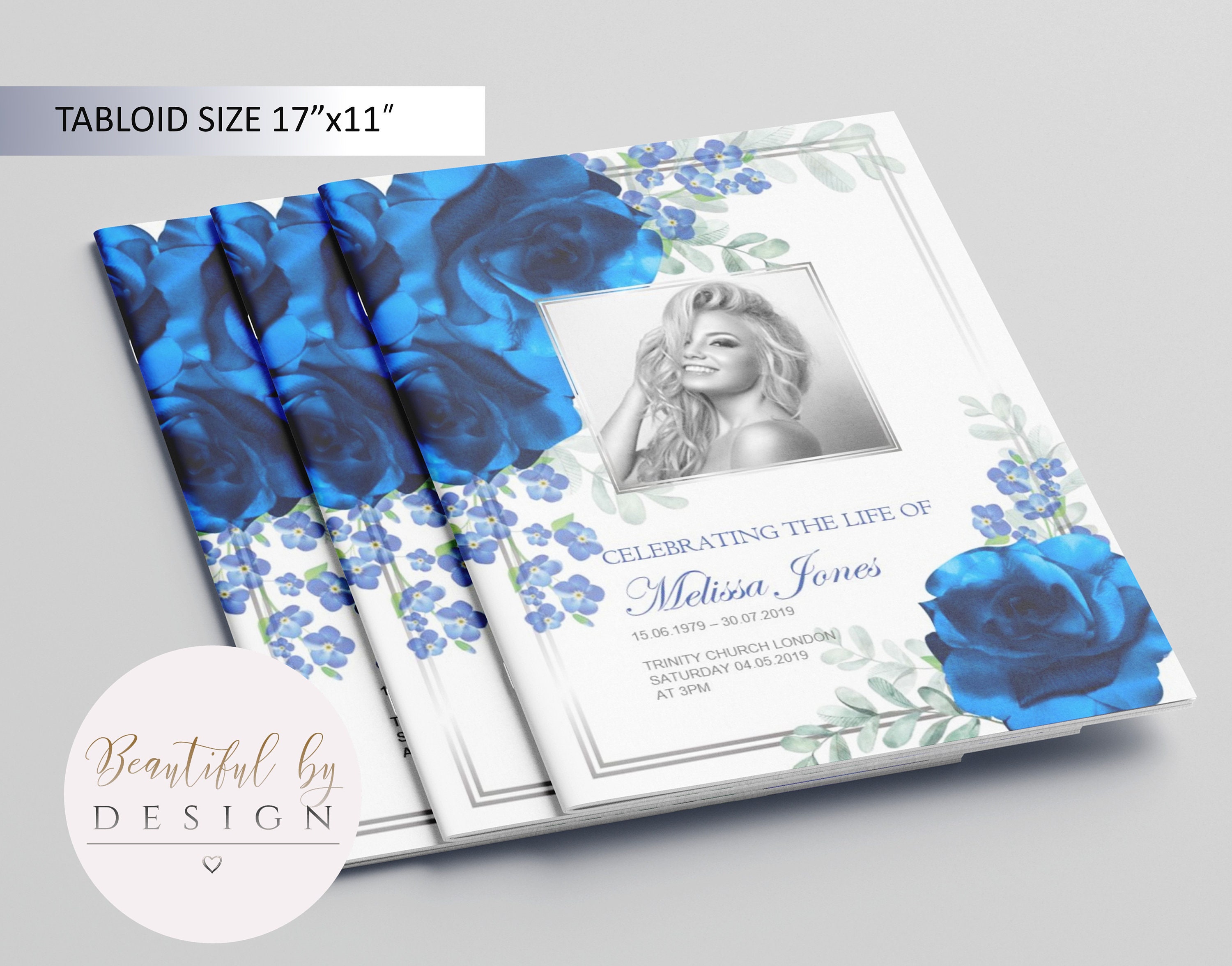 8 Page Blue Flower Funeral Program Template in Tabloid size | Etsy