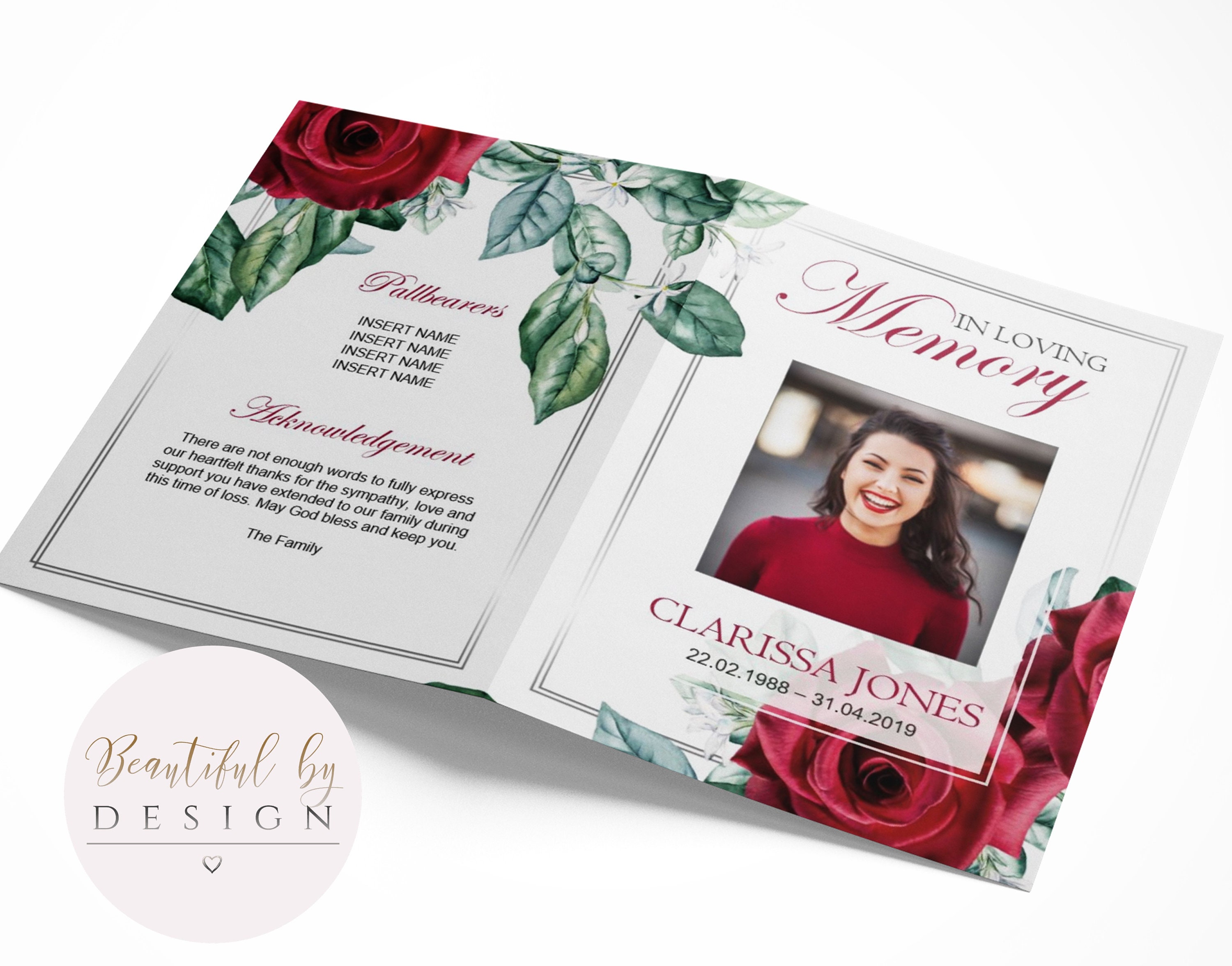 4 Page Red Roses Funeral Program Template Celebration of - Etsy