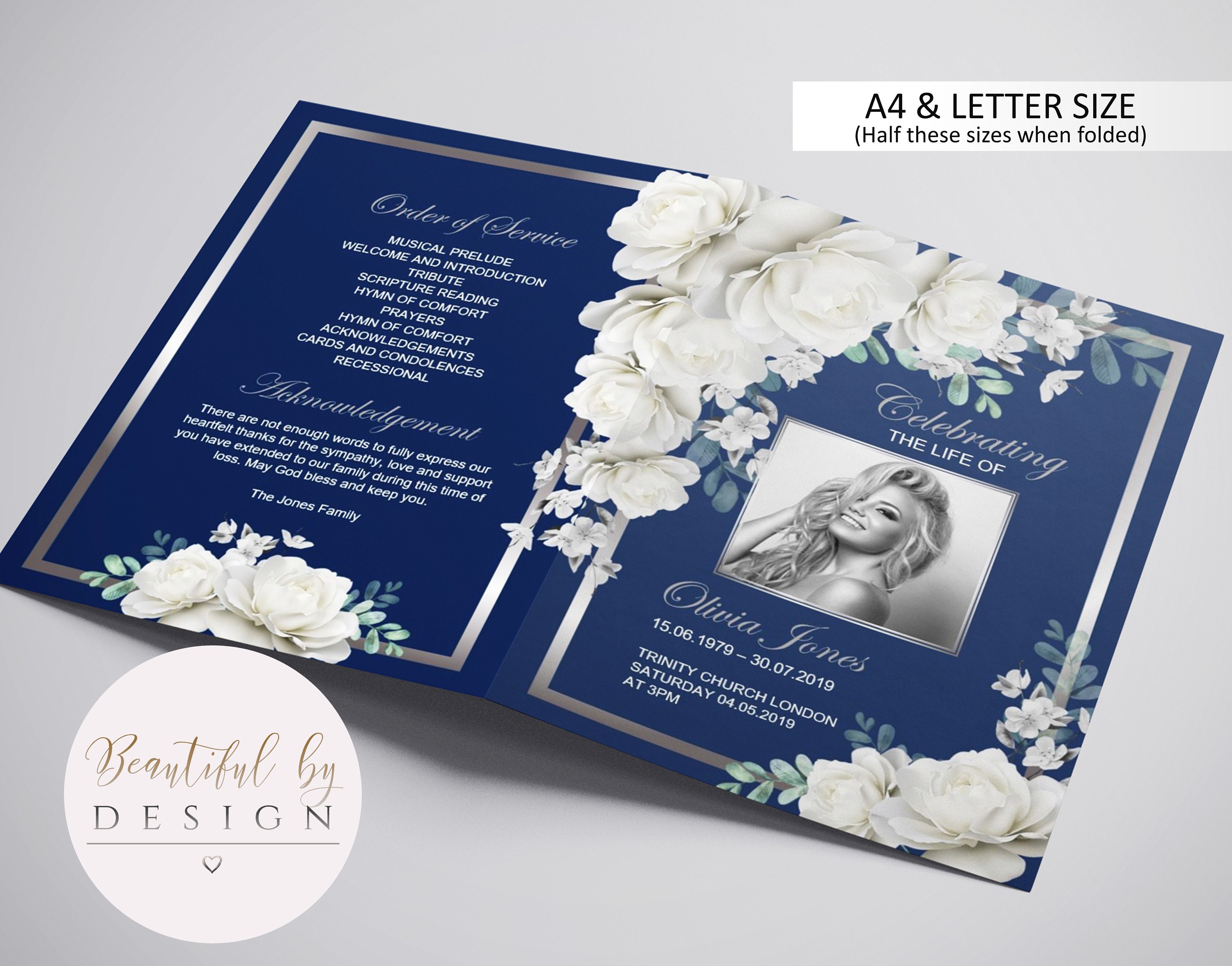 4 Page White Roses Funeral Program Template Celebration of | Etsy