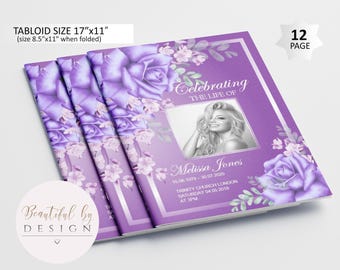 12 Page Purple and Lilac Funeral Program Template in Tabloid size 11"x17", Celebration, Memorial Program, Editable Template in MS Word 0087