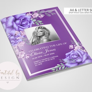 8 Page Purple and Lilac Funeral Program Template, Celebration of Life, Obituary Template, Memorial Program, Editable Template 0087