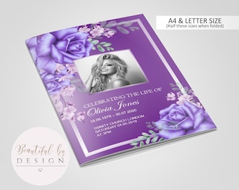 8 Page Purple and Lilac Funeral Program Template, Celebration of Life, Obituary Template, Memorial Program, Editable Template 0087
