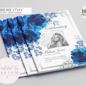 16 Page Blue Flower Funeral Program Template, Celebration of Life, Obituary Template, Memorial Program, Editable Template 0072