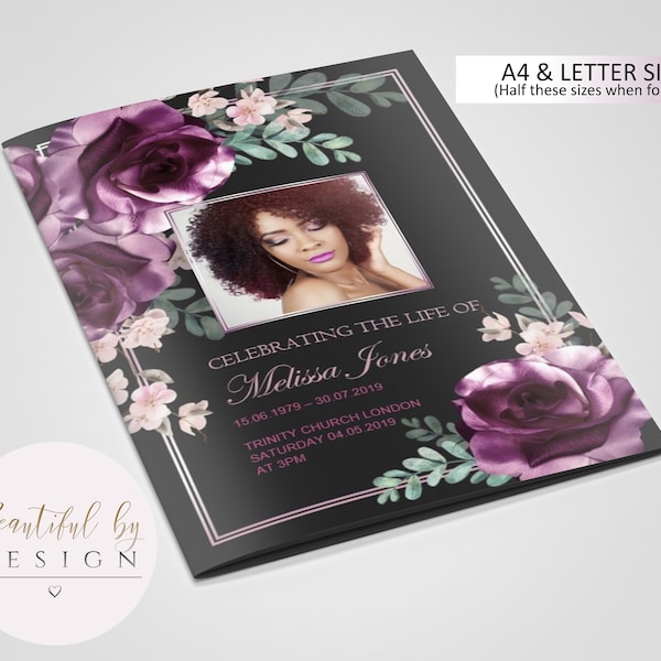 8 Page Purple Black Funeral Program Template, Celebration of Life, Obituary Template, Memorial Program, Editable Template 0050