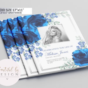 8 Page Blue Flower Funeral Program Template in Tabloid size 11&quot;x17&quot;, Celebration of Life, Memorial Program, Editable Template 0072