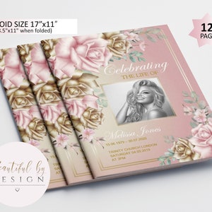 Könnte beinhalten: Ein 12-seitiges Gedenkheft mit einem rosafarbenen und goldenen Blumendesign. Das Cover zeigt ein Foto einer Frau und den Text "Celebrating The Life Of Melissa Jones 15.06.1979 - 30.07.2020 Trinity Church London Saturday 04.05.2019 At 3PM".