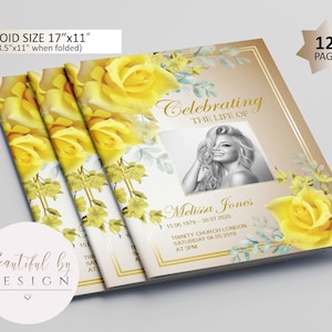 12 Page Yellow Flowers on Gold Funeral Program Template, Celebration of Life, Obituary Template, Memorial Program, Editable Template 0082
