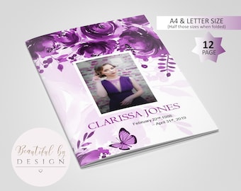 12 Page Purple Flowers Funeral Program Template, Celebration of Life, Obituary Template, Memorial Program, Editable Template 0068