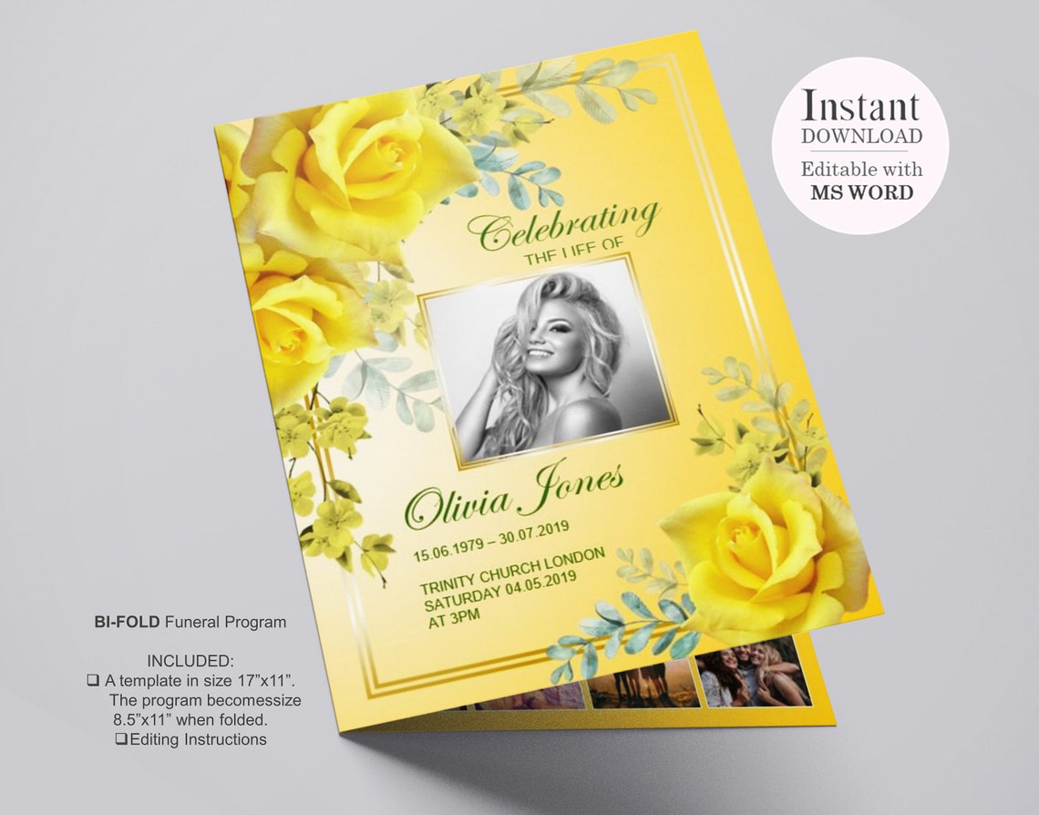 Program Flower Design BI-FOLD Yellow Flower Funeral Program Template, Celebration of Life ...