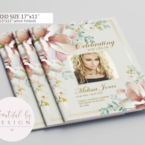 8 Page Magnolia Funeral Program Template in Tabloid size 11&quot;x17&quot;, Celebration of Life, Memorial Program, Editable Template 0066