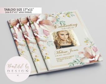 8 Page Magnolia Funeral Program Template in Tabloid size 11"x17", Celebration of Life, Memorial Program, Editable Template 0066