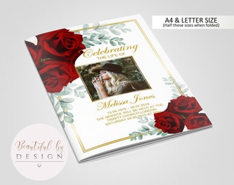 8 Page Red Roses Funeral Program Template, Celebration of Life, Obituary Template, Memorial Program, Editable Template 0058