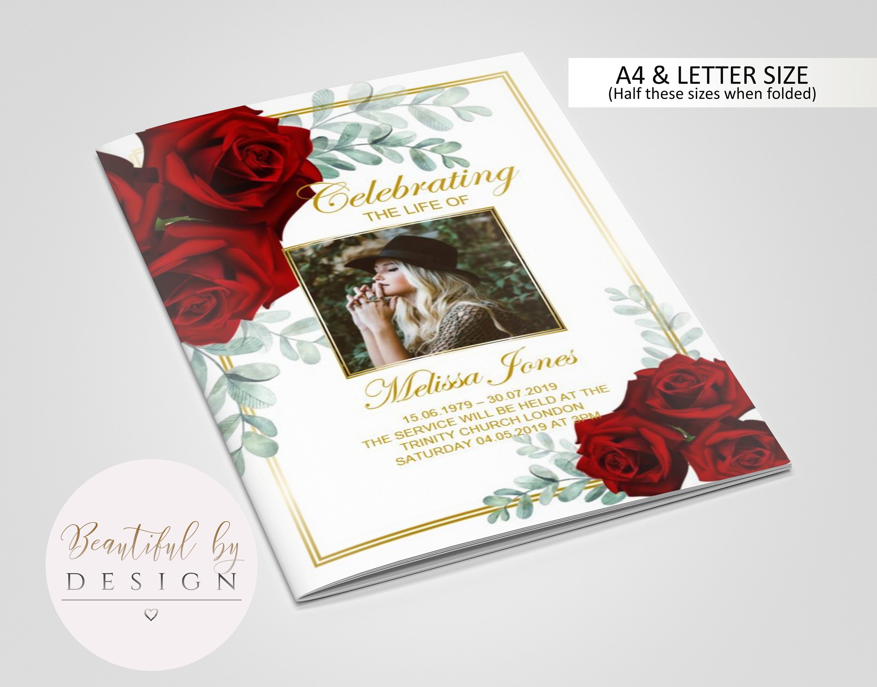 8 Page Red Roses Funeral Program Template Celebration of | Etsy