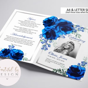 4 Page Blue Flowers Funeral Program Template, Celebration of Life, Obituary Template, Memorial Program, Editable Template 0072