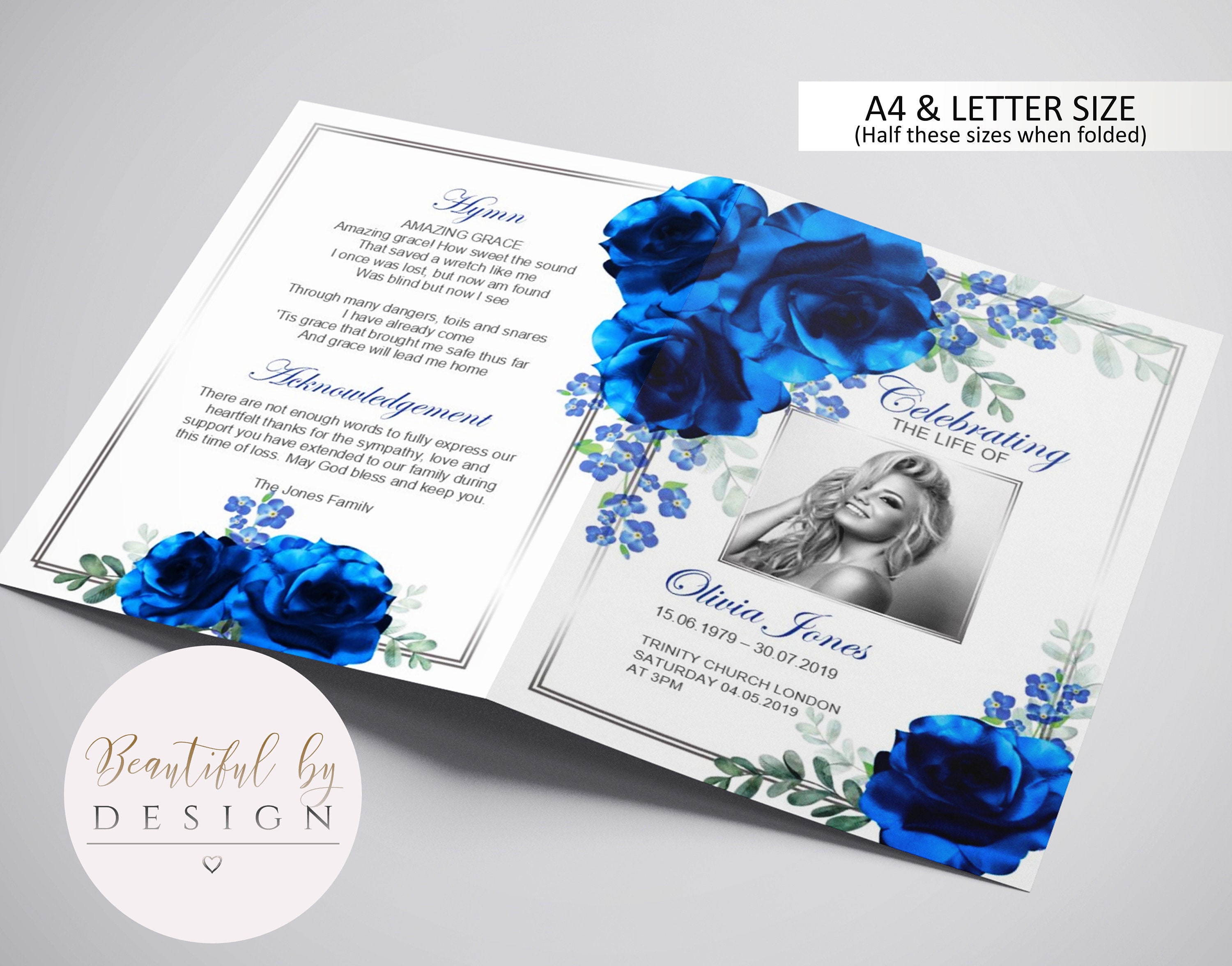 4 Page Blue Flowers Funeral Program Template Celebration of Etsy Canada