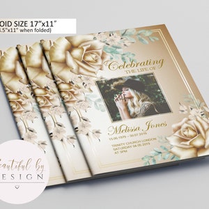 8 Page Gold Funeral Program Template in Tabloid size 11"x17", Celebration of Life, Memorial Program, Editable Template 0059