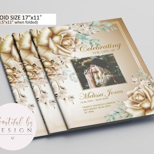Puede incluir: Un folleto conmemorativo con un diseño floral dorado y blanco. La portada presenta una foto de una mujer y el texto "Celebrating the Life of Melissa Jones 15.05.1979 - 30.07.2019 Trinity Church London Saturday 04.05.2019 at 3PM".