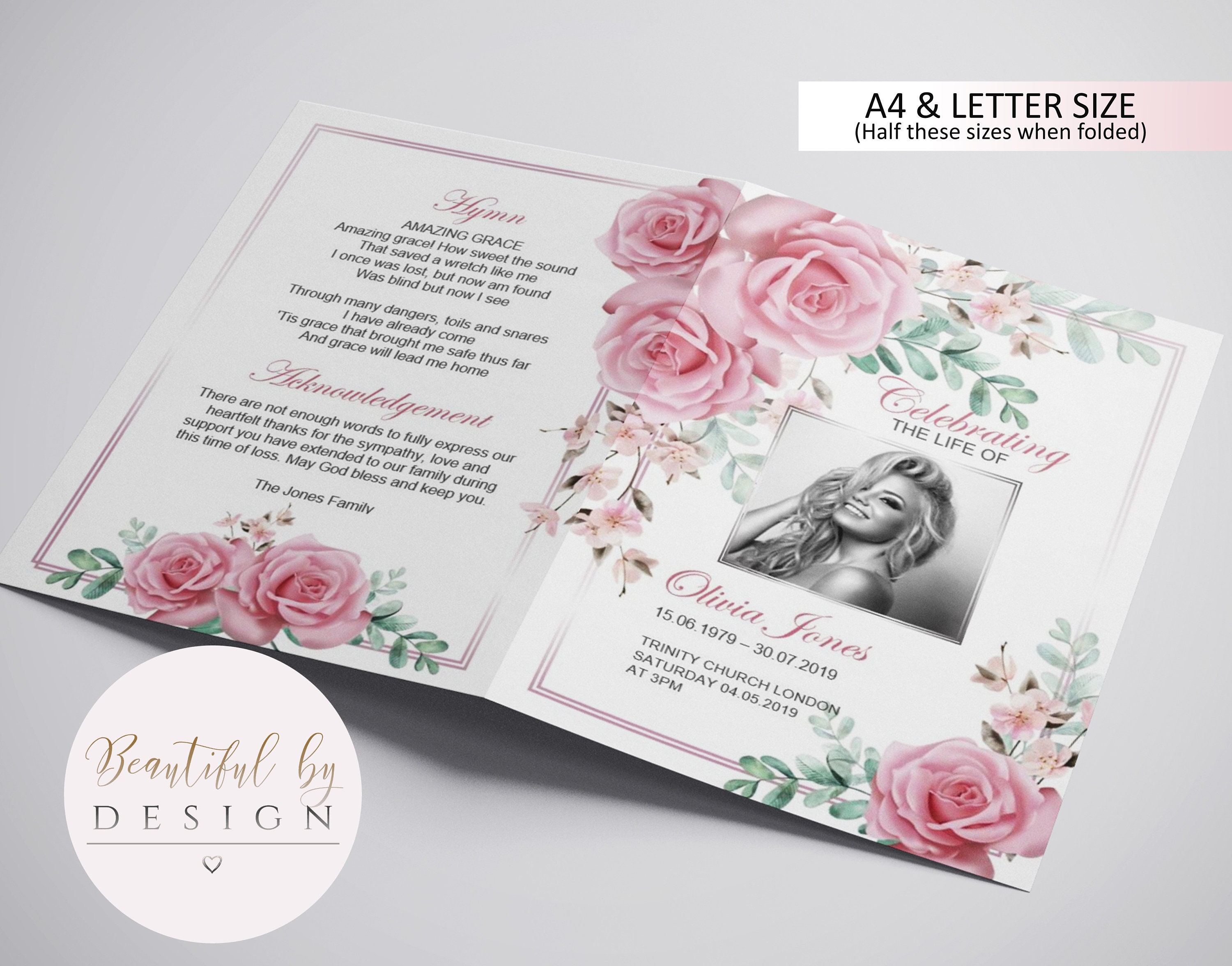 4 Page Pink Flowers Funeral Program Template Celebration of Etsy