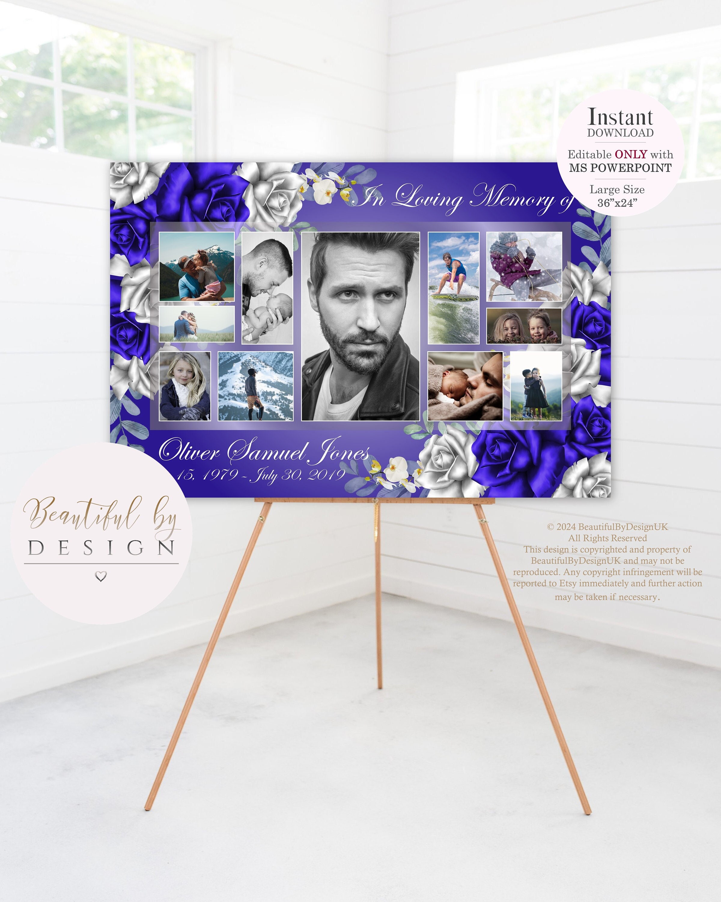 Blue and Silver Roses Memorial Photo Collage Template, Funeral Poster ...