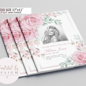 8 Page Pink Flower Funeral Program Template in Tabloid size 11&quot;x17&quot;, Celebration of Life, Memorial Program, Editable Template 0053