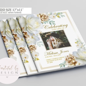 8 Page Gold and White Roses Funeral Program Template in Tabloid size 11&quot;x17&quot;, Celebration of Life, Memorial Program, Editable Template 0063