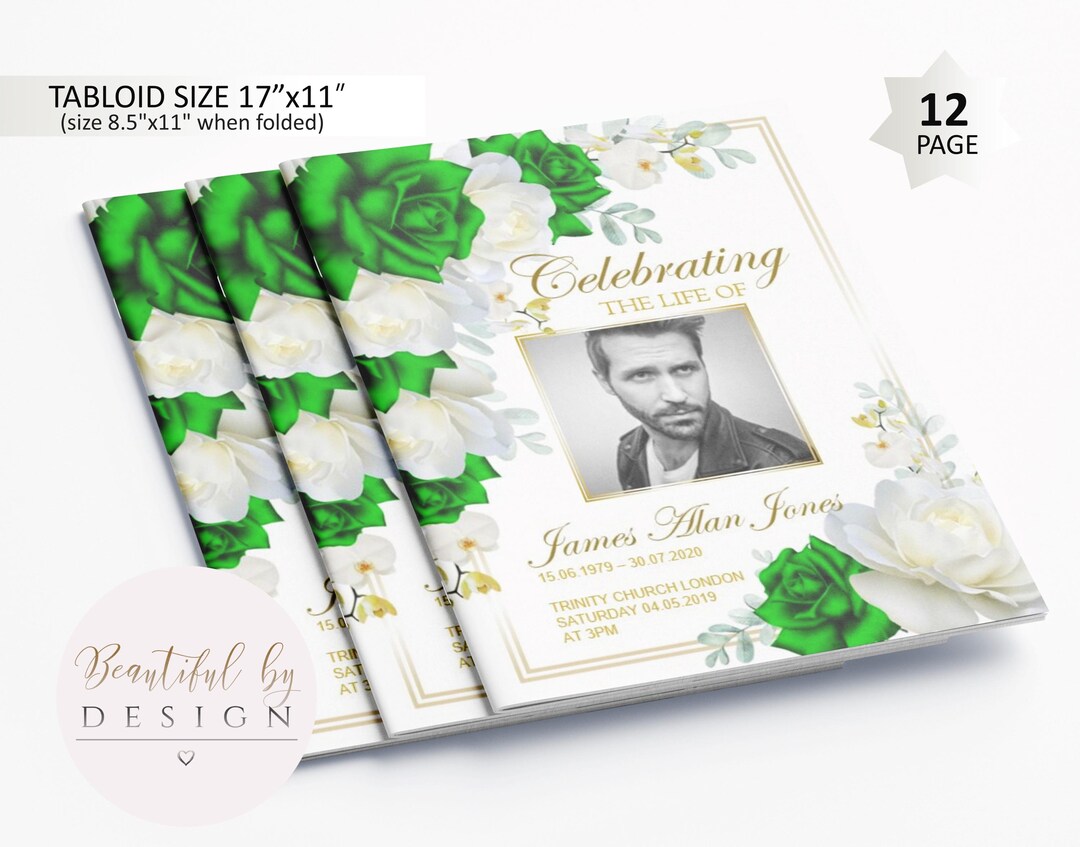 12 Page Green and White Roses Funeral Program Template, Celebration of ...