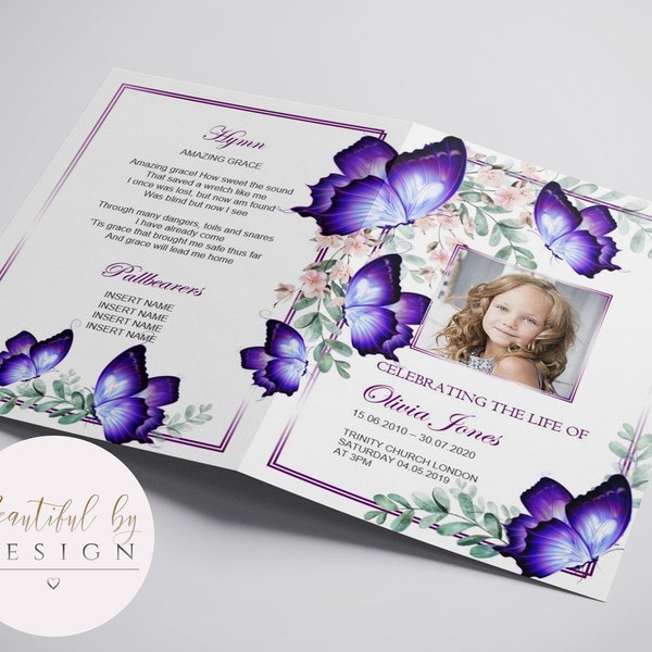 4 Page Blue Butterflies Funeral Program Template for Children, Celebration of Life, Obituary Template, Editable Template 0061