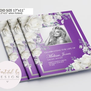8 Page White Flowers Purple Background Funeral Program Template in Tabloid size 11&quot;x17&quot;, Celebration of Life, Memorial Program 0088