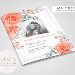 8 Page Peach / Orange Flowers Funeral Program Template, Celebration of Life, Obituary Template, Memorial Program, Editable Template 0071