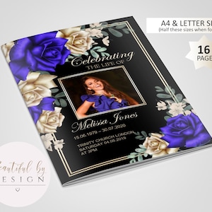 16 Page Royal Blue and Gold Flowers Funeral Program Template, Celebration of Life, Obituary, Memorial Program, Editable Template 0078