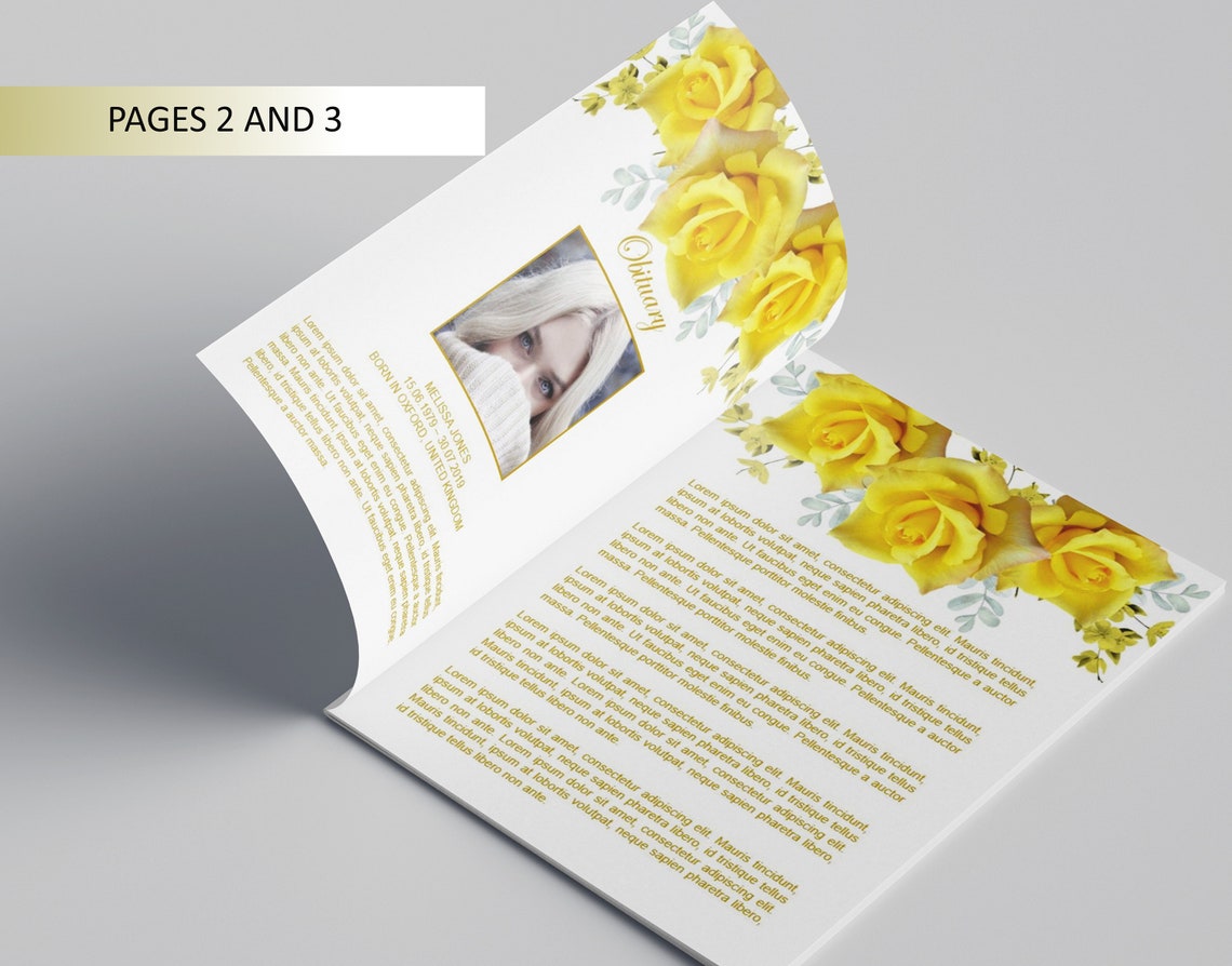 8 Page Yellow Flower Funeral Program Template in Tabloid Size 11"x17