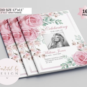 16 Page Pink Flowers Funeral Program Template, Celebration of Life, Obituary Template, Memorial Program, Editable Template 0053