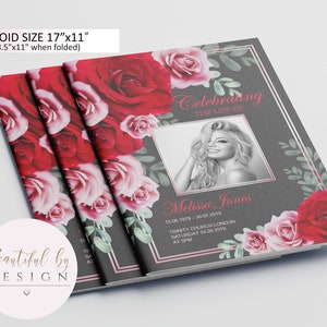 8 Page Red and Pink Flowers Background Funeral Program Template, Celebration of Life, Obituary Template, Memorial Program 0079