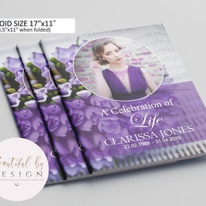 8 Page TABLOID SIZE Purple Bouquet Funeral Program Template, Celebration of Life, Obituary Template, Memorial Program,Editable Template 0055