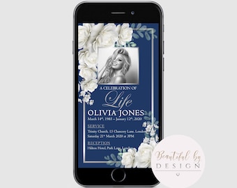 White Flowers Electronic Memorial Announcement Invitation Template, Digital Invite, Smartphone Funeral Evite 0084