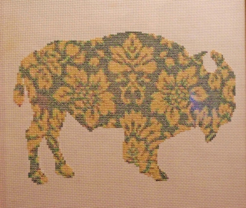 Damask Buffalo Cross Stitch Patter, Nature, Wildlife, Bison, Floral