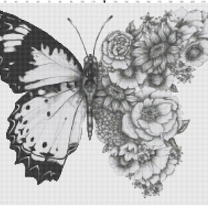 Patrón de punto de cruz contado de mariposa floral, punto de aguja, naturaleza, insectos, blanco y negro