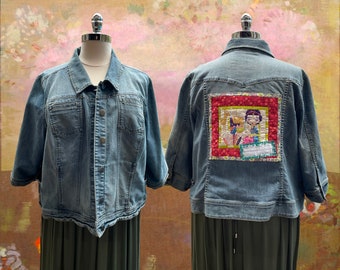 3x or 4x Frida Art to Wear Jacket Boho Plus Size Plus Size Jeans Jacket 3x Plus Size Frida Quilt Back Patch 4x Plus Size Upcycled 4x