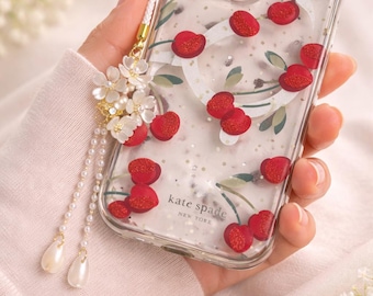 Elegante correa para teléfono con dije de perlas y flores – Bonita pulsera con cuentas para iPhone – Accesorio coqueto para el teléfono – Regalo para ella