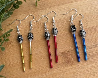 Star Wars Inspired Lightsaber Earrings & Necklace | Red Blue Gold Dangle Earrings | Geek Jewelry | Clip-On or Hook Options | Gift for Fans