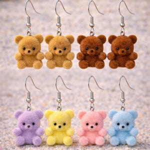 Fuzzy Teddy Bear Fish hook or Stud Earrings | Pastel Kawaii Charm, Clip-on Options