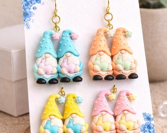 Easter Gnome Earrings with Rabbit – Pastel Dangle Jewelry (2in)