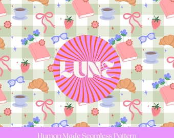 Cozy Bookish Seamless Pattern, Floral Books Coffee Croissant, Olive Gingham Background (Digital Download)