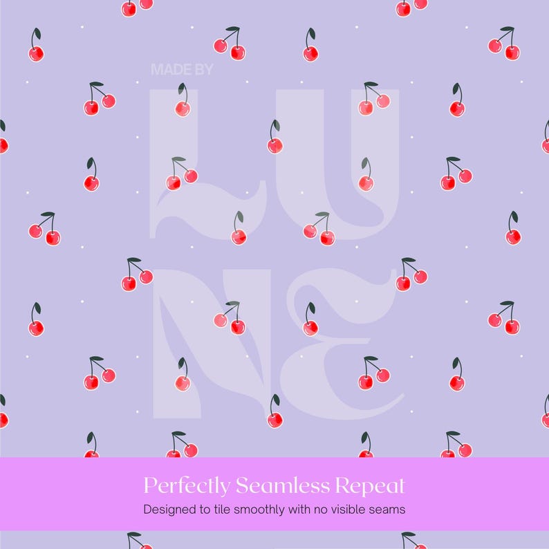 A seamless pattern of red cherries with green stems on a pale purple backdrop.
