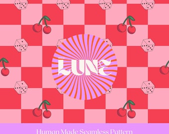 Cherry and Dice Check Seamless Pattern – Red and Pink Retro Repeat Design (Digital Download)