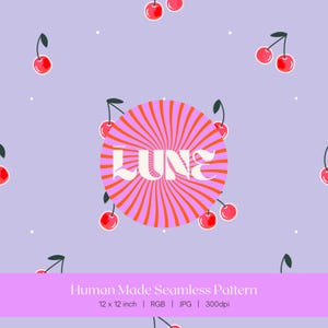 May include: Seamless pattern design featuring red cherries with green stems scattered on a light purple background. A central circular design with orange and pink radiating stripes contains the word "LUNE". The bottom banner reads "Human Made Seamless Pattern".